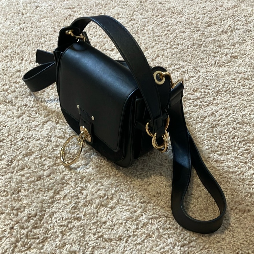 Black Saddle Crossbody Bag with Gold Ring Accent - Picture 6 of 7